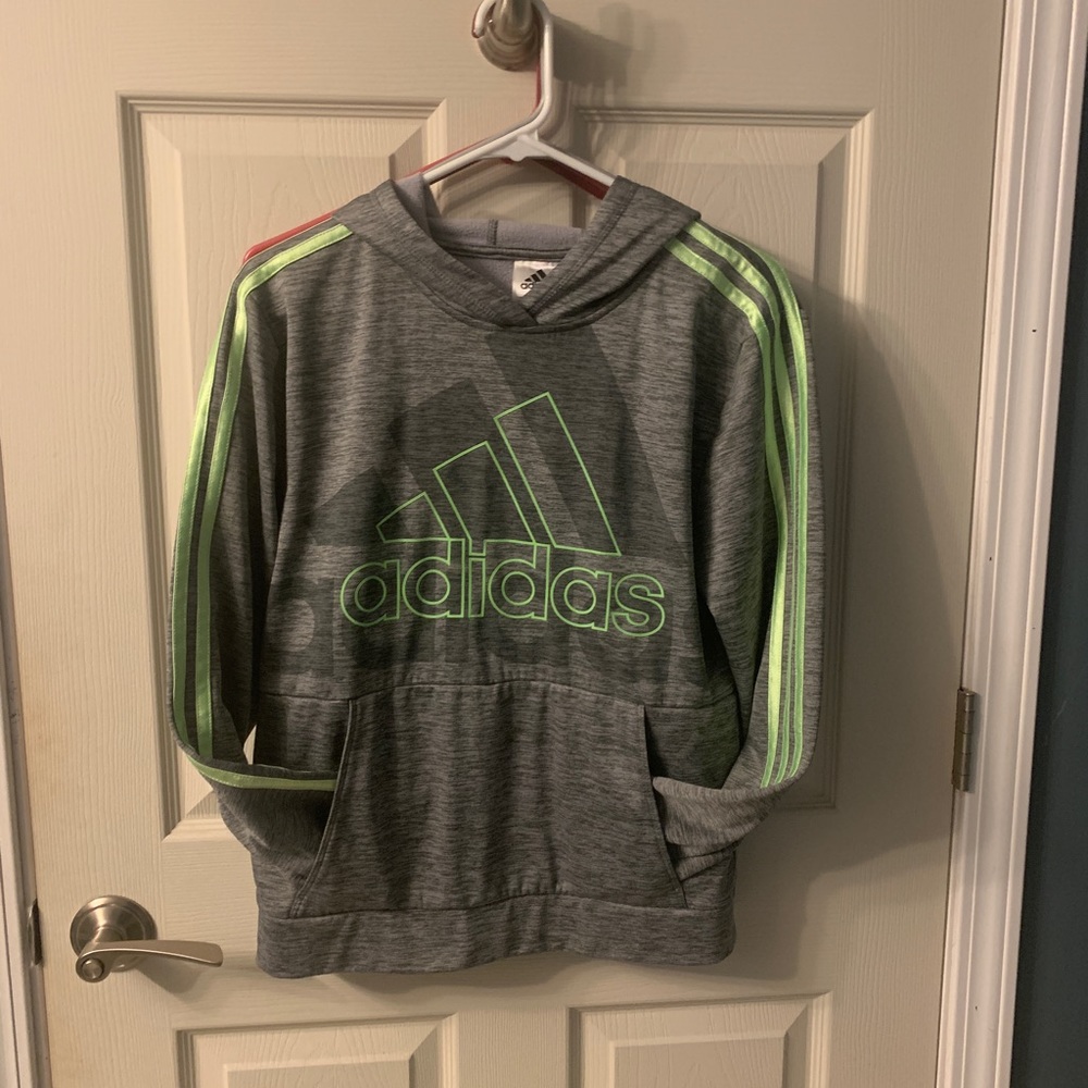 Adidas Boys Sz L 14/16 Athletic Pullover Hooded Sweatshirt Heather Grey/Lime